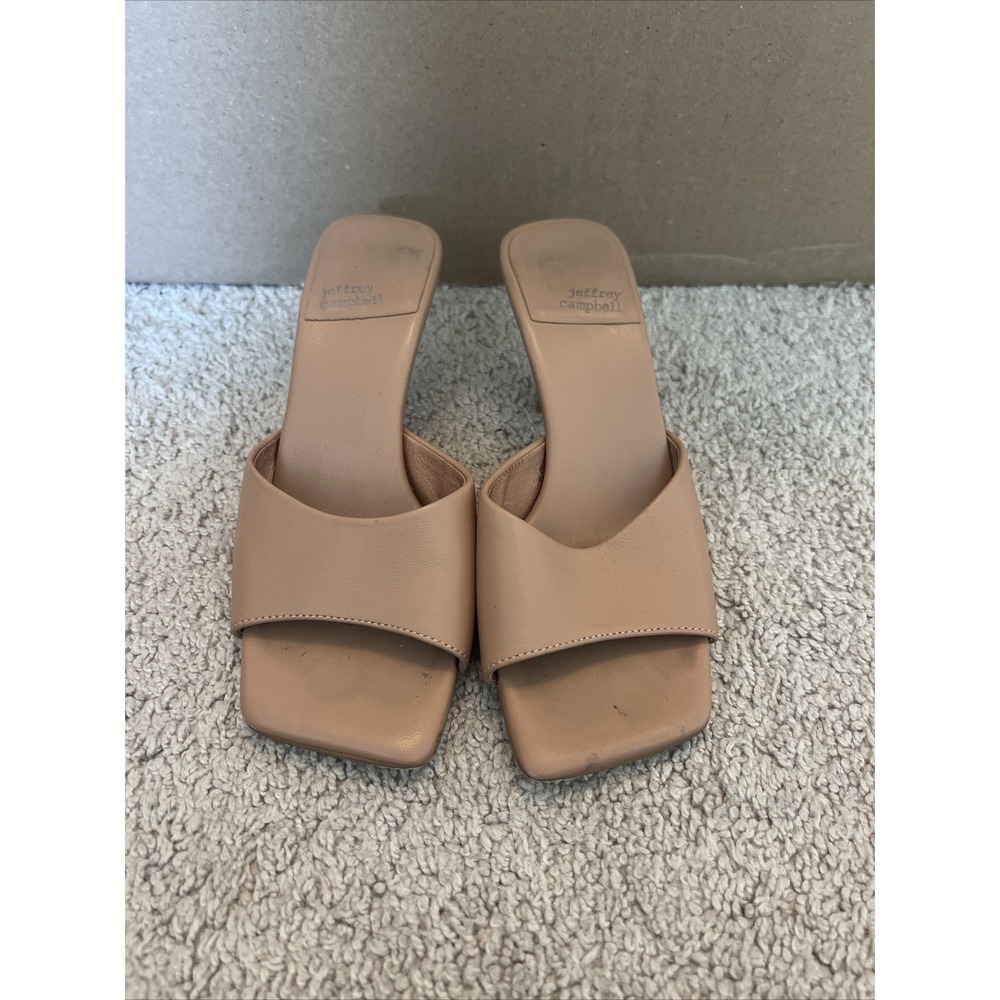 Jeffrey Campbell Tan Nude Square Toe Mules Sandals Y2K Heel Size 6 Vegan Leather